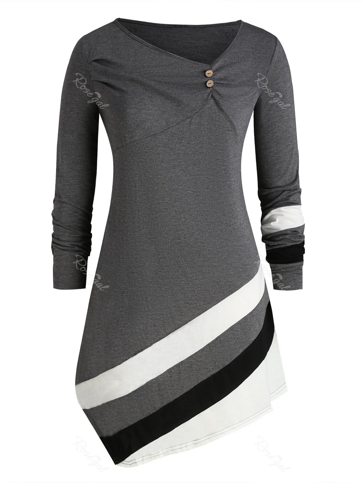 

Plus Size Skew Collar Striped-detail Tunic Top, Gray