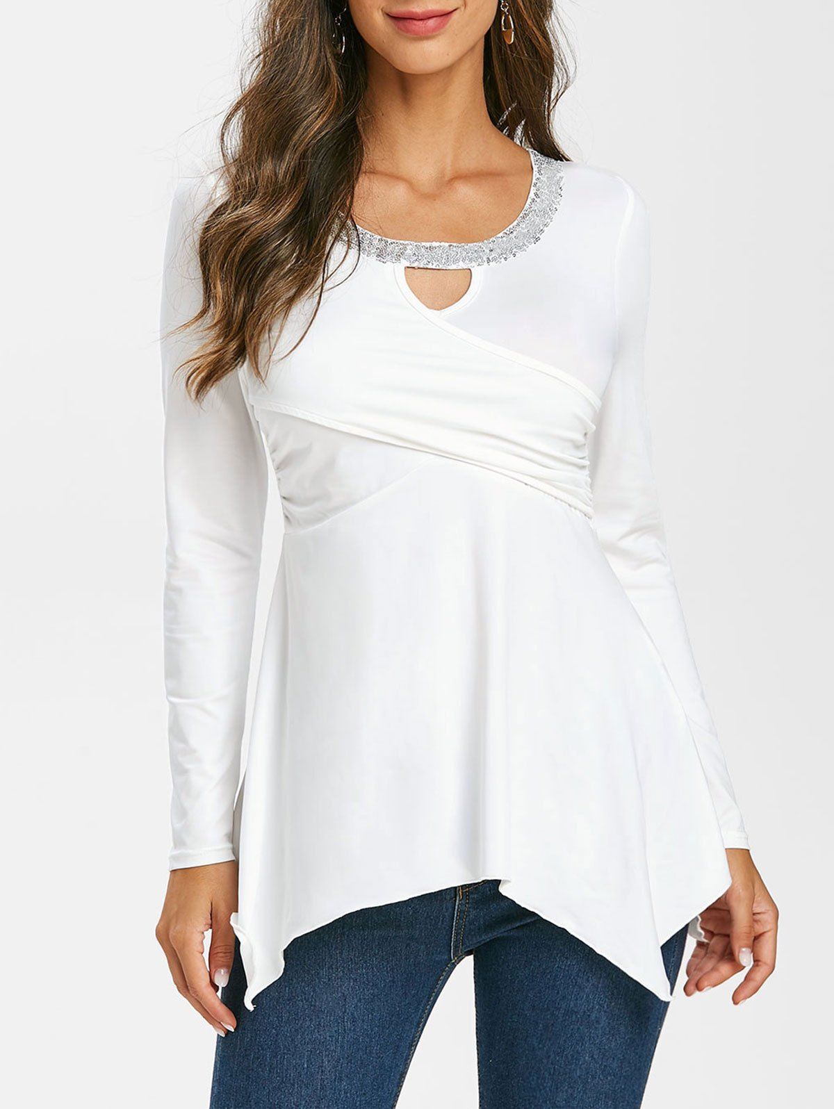 

Keyhole Sequined Asymmetric T Shirt, White