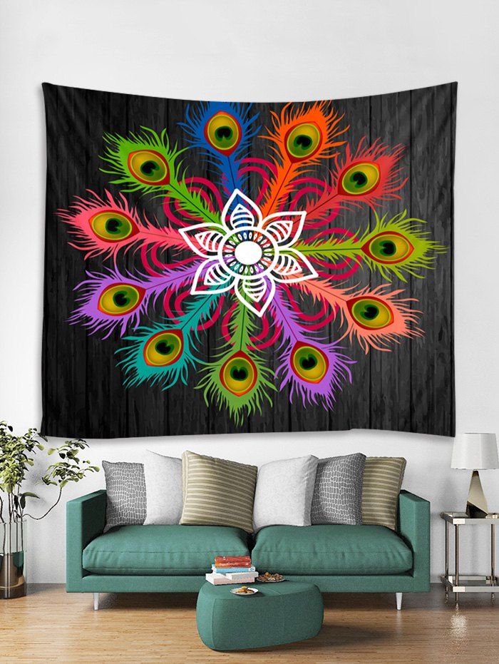 

Feather Wooden Board Print Tapestry Wall Hanging Art Decoration, Multi