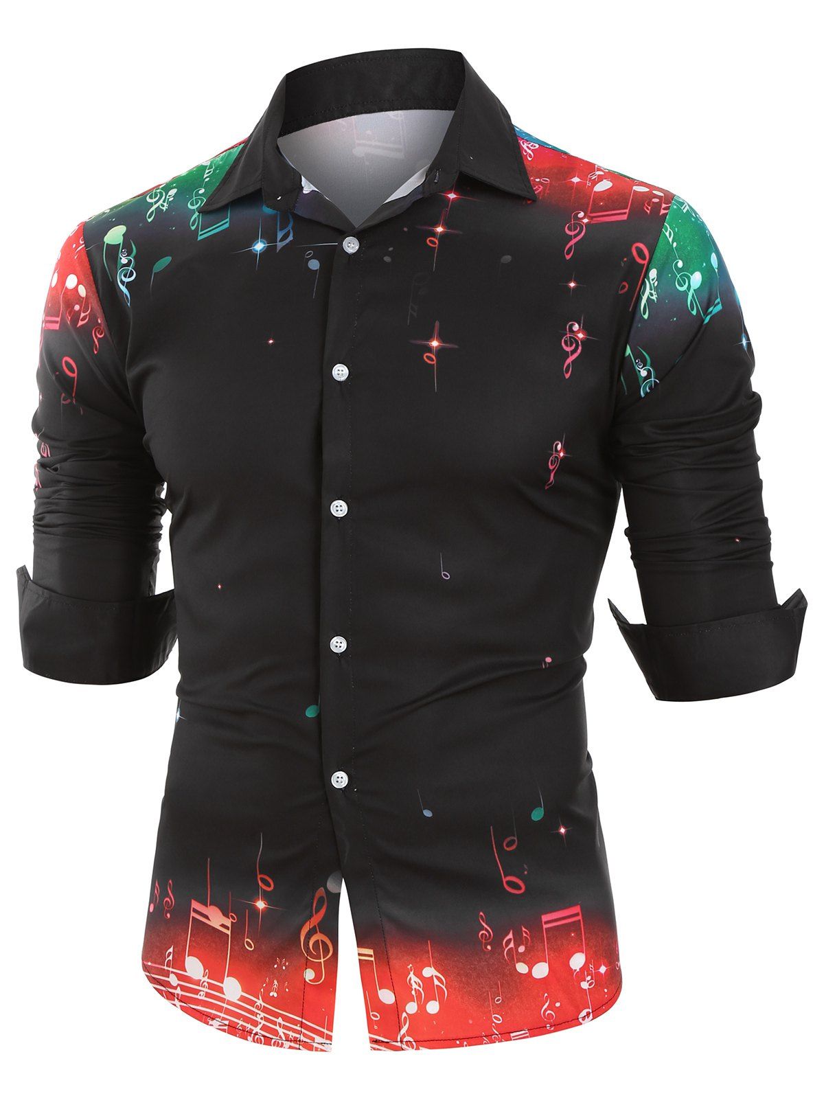 

Gradient Music Note Print Button Up Shirt, Black
