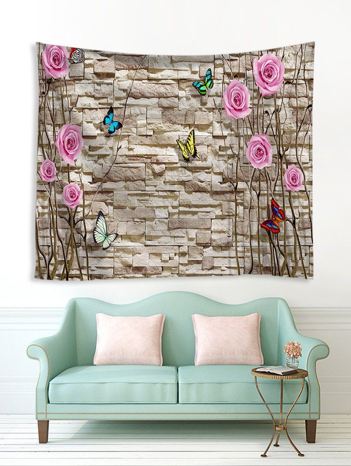 

Brick Wall and Flowers Print Tapestry Wall Hanging Art Decoration, Pink