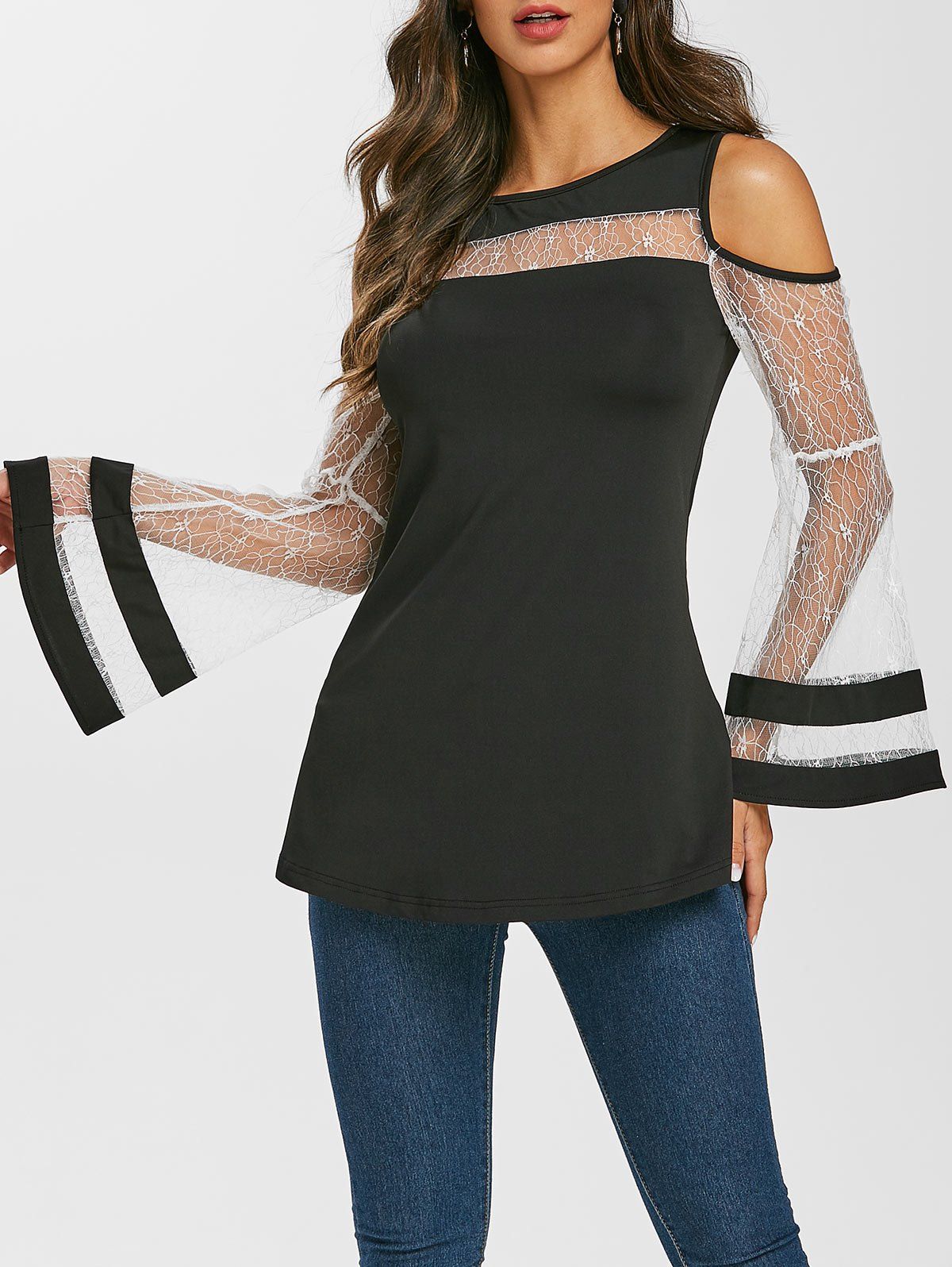 

Lace Panel Open Shoulder Flare Sleeve Sheer Tee, Black
