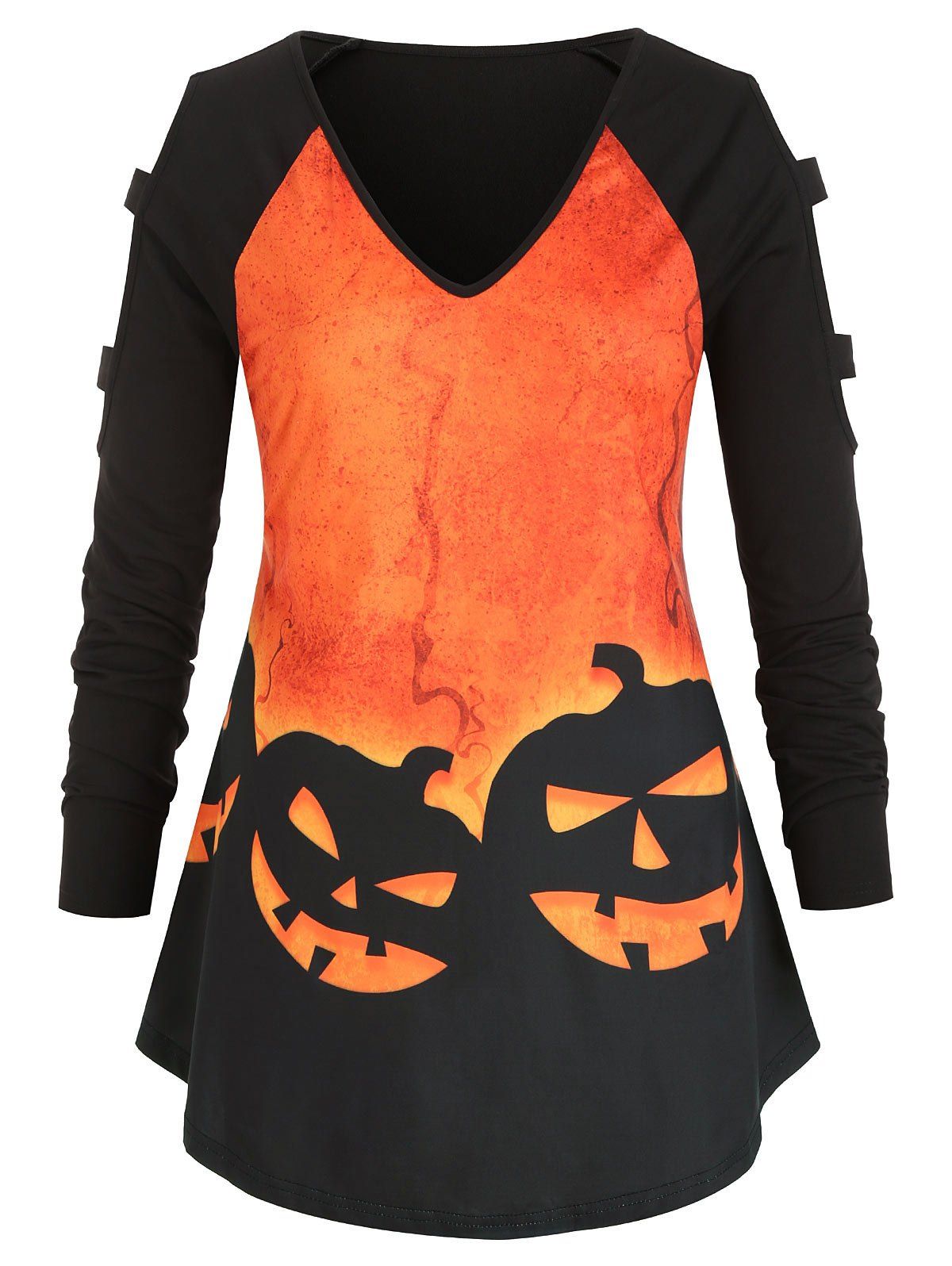 

Plus Size Halloween Pumpkin Print Cold Shoulder Tunic Top, Black