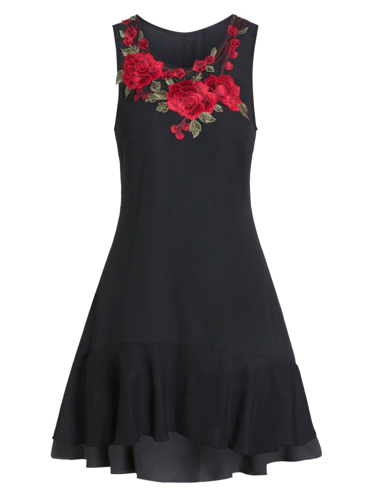 

Embroidered Sleeveless Fit And Flare High Low Dress, Black