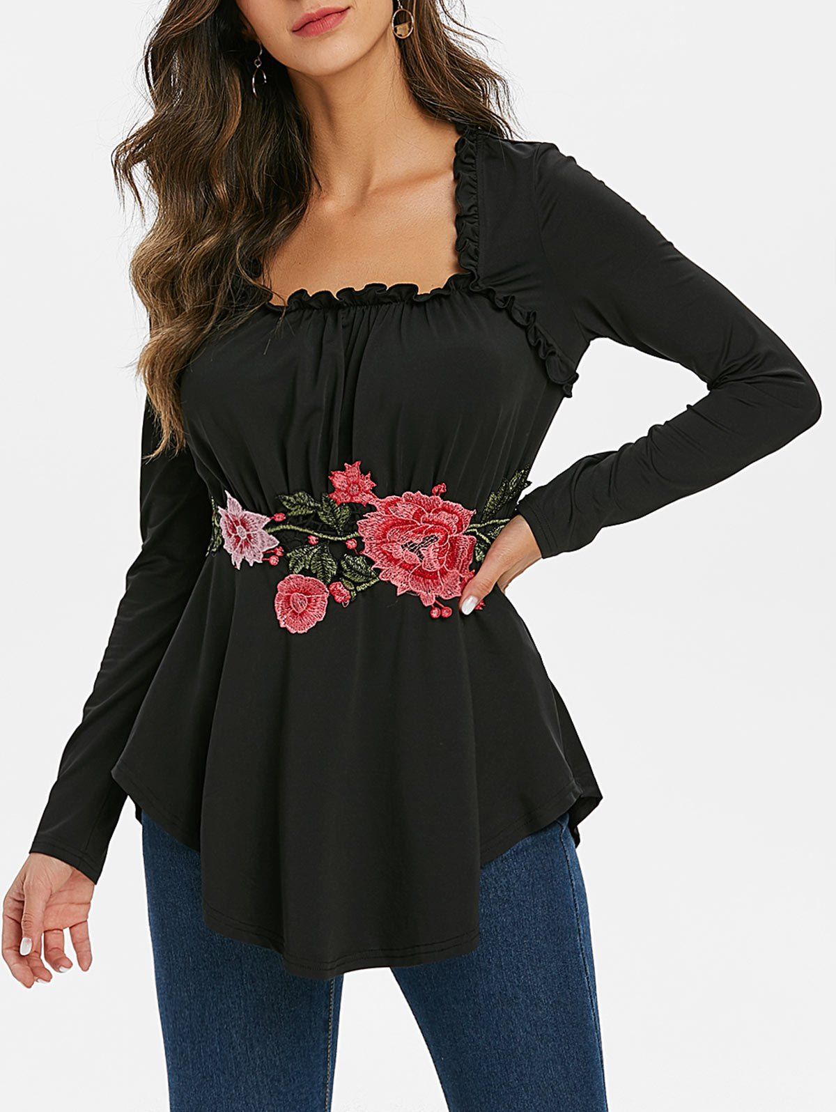 

Floral Applique Frilled Long Sleeve Tunic Top, Black