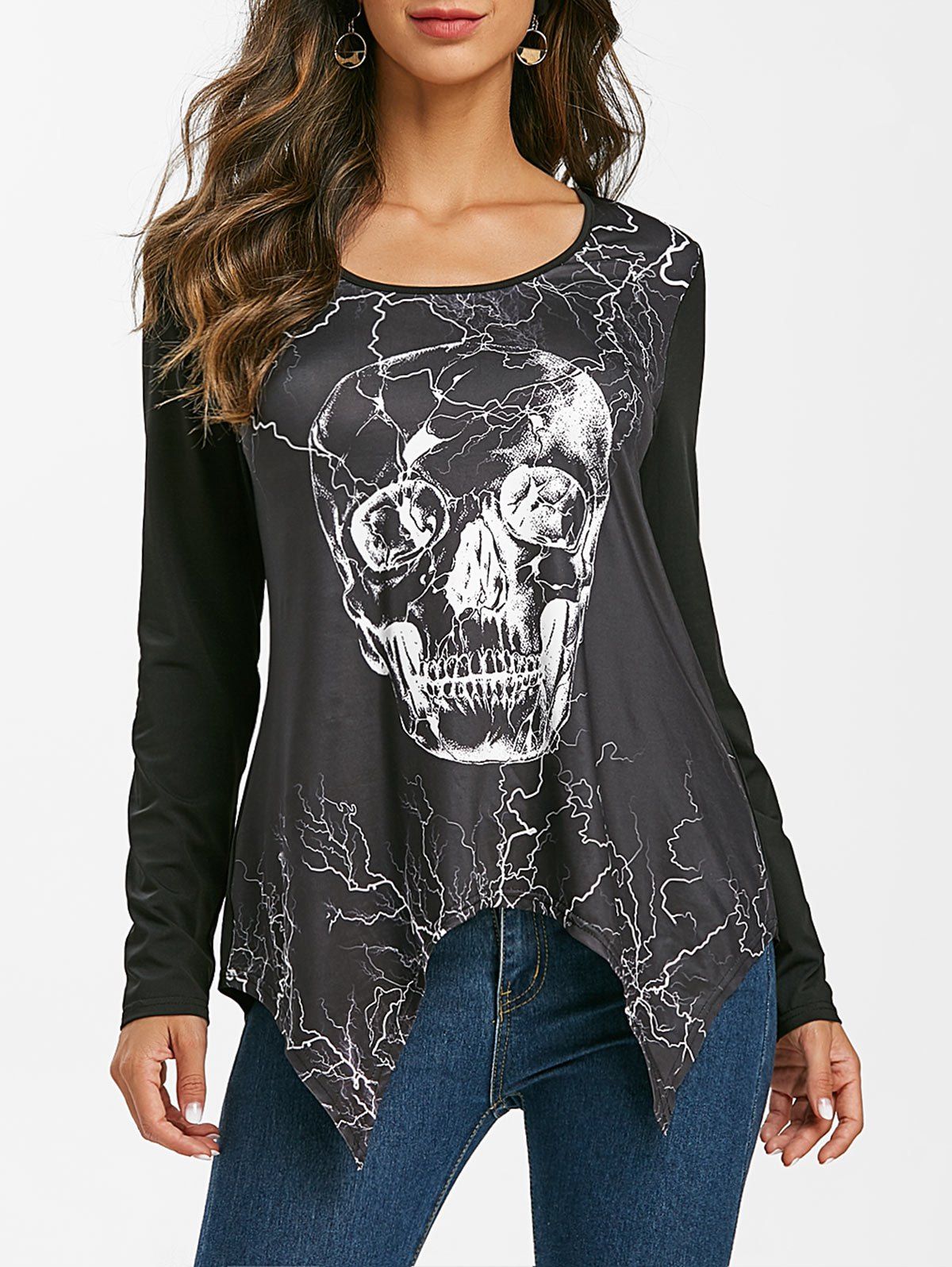

Skull Lightning Print Long Sleeve T Shirt, Black