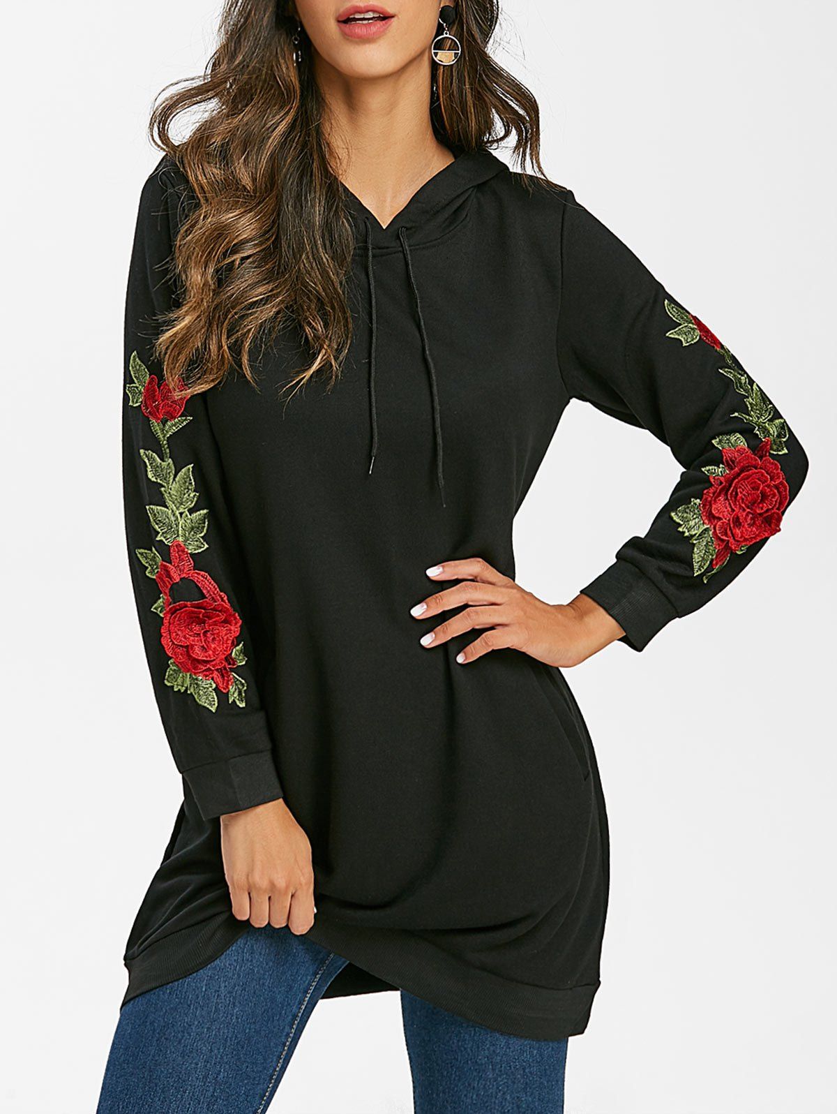 

Floral Embroidered Drawstring Longline Hoodie, Black
