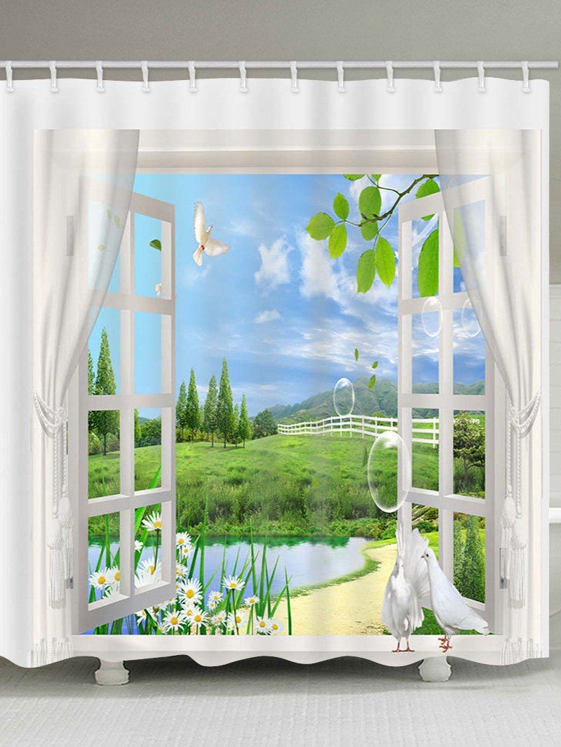 

Window Landscape Birds Print Waterproof Bathroom Shower Curtain, Multi