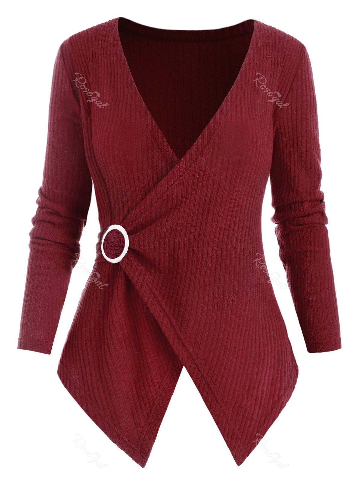 

O Ring Cross Front Ribbed Plus Size Knitwear, Red wine
