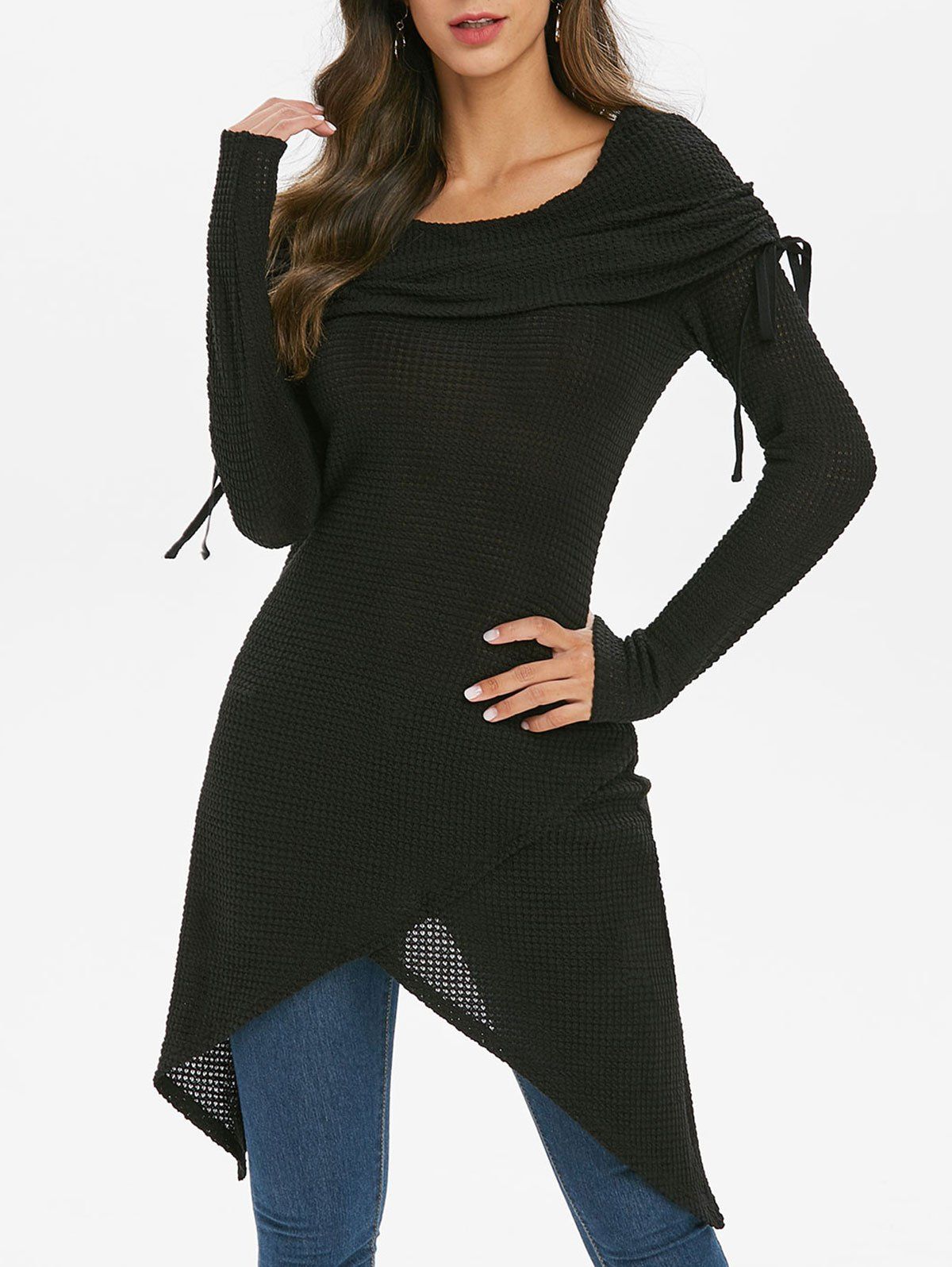 

Asymmetrical Foldover Long Tunic Knitwear, Black