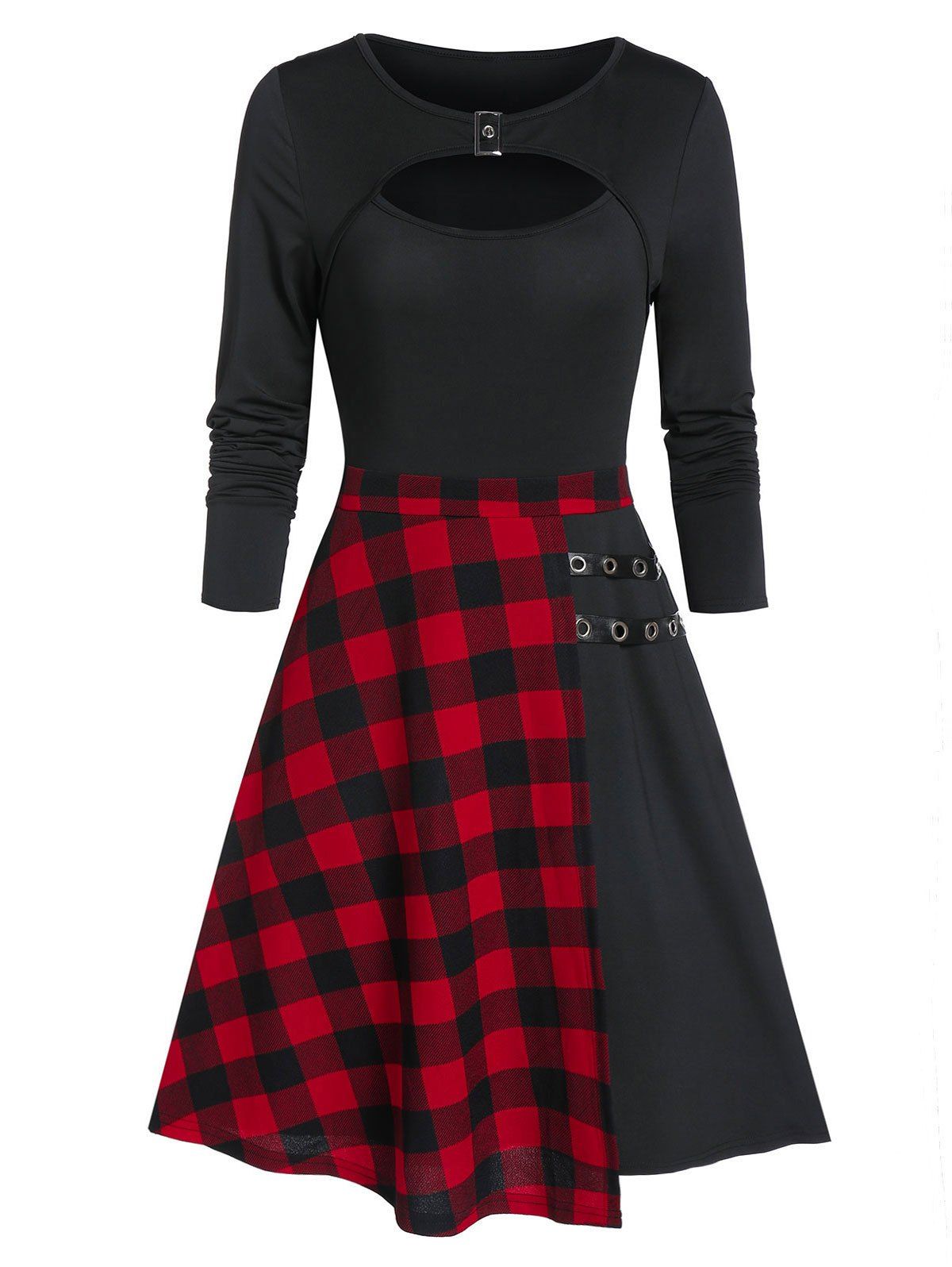 

Fit And Flare Plaid Panel Cut Out Dress, Black