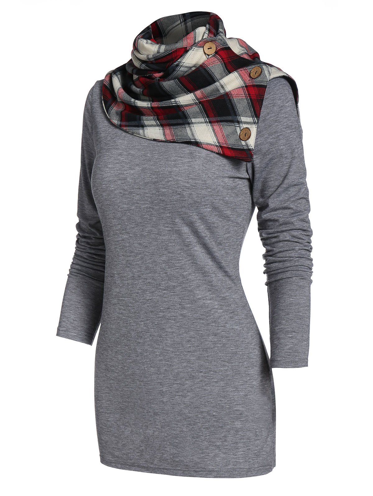 

Cowl Neck Plaid Panel Tunic T Shirt, Dark gray