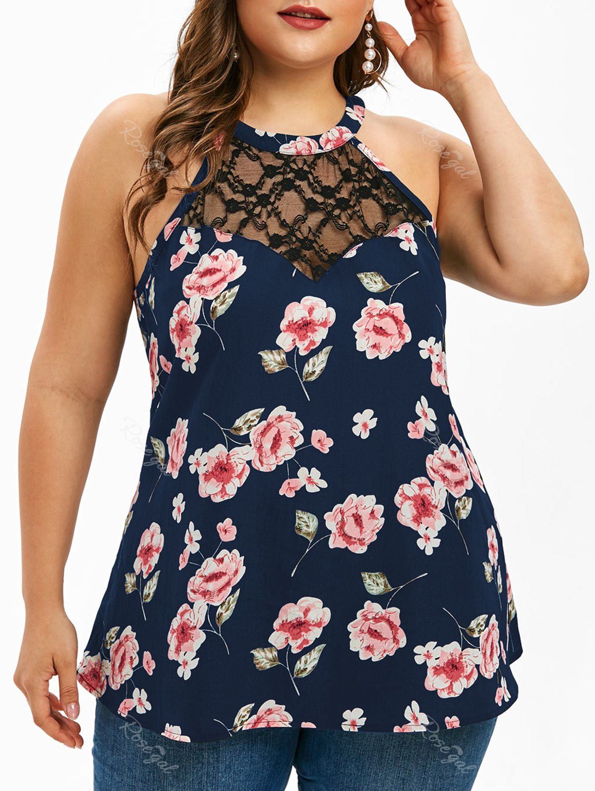 

Plus Size Printed Lace Insert Tank Top, Dark slate blue