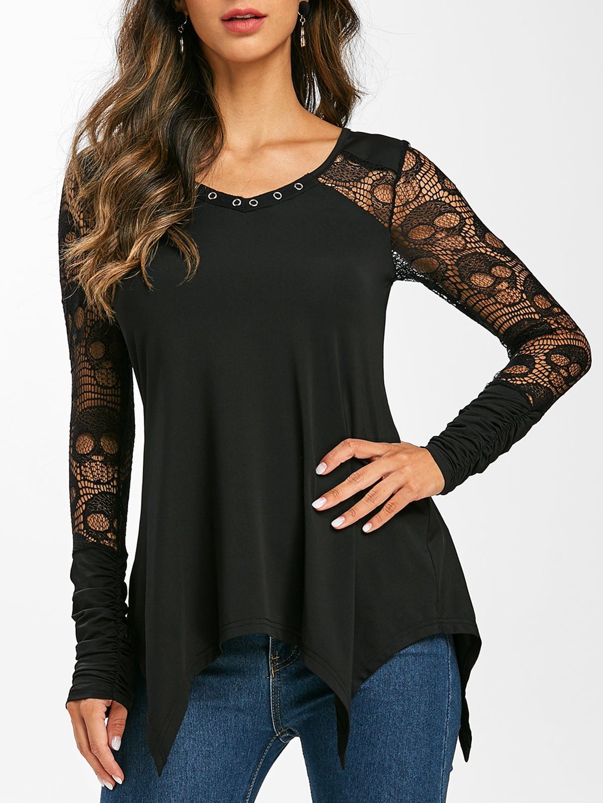 

Grommet Lace Panel Sheer Ruched Long Sleeve Tee, Black