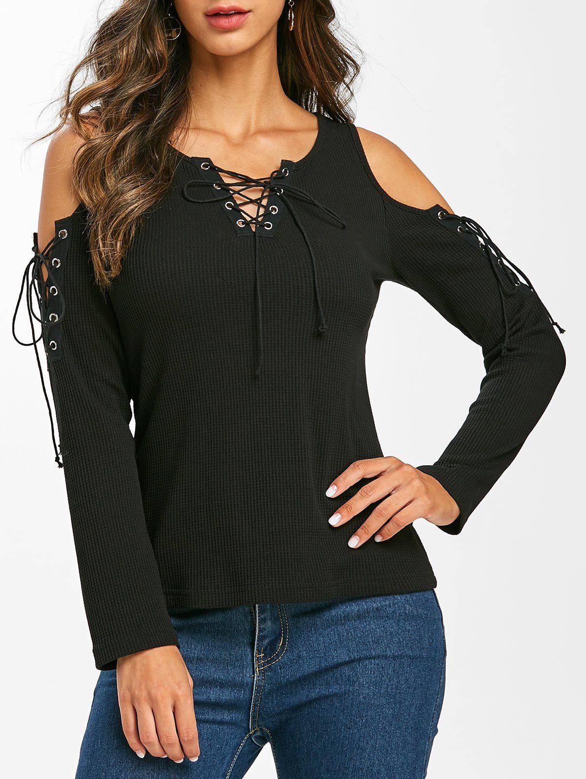 

Textured Lace Up Open Shoulder T-shirt, Black