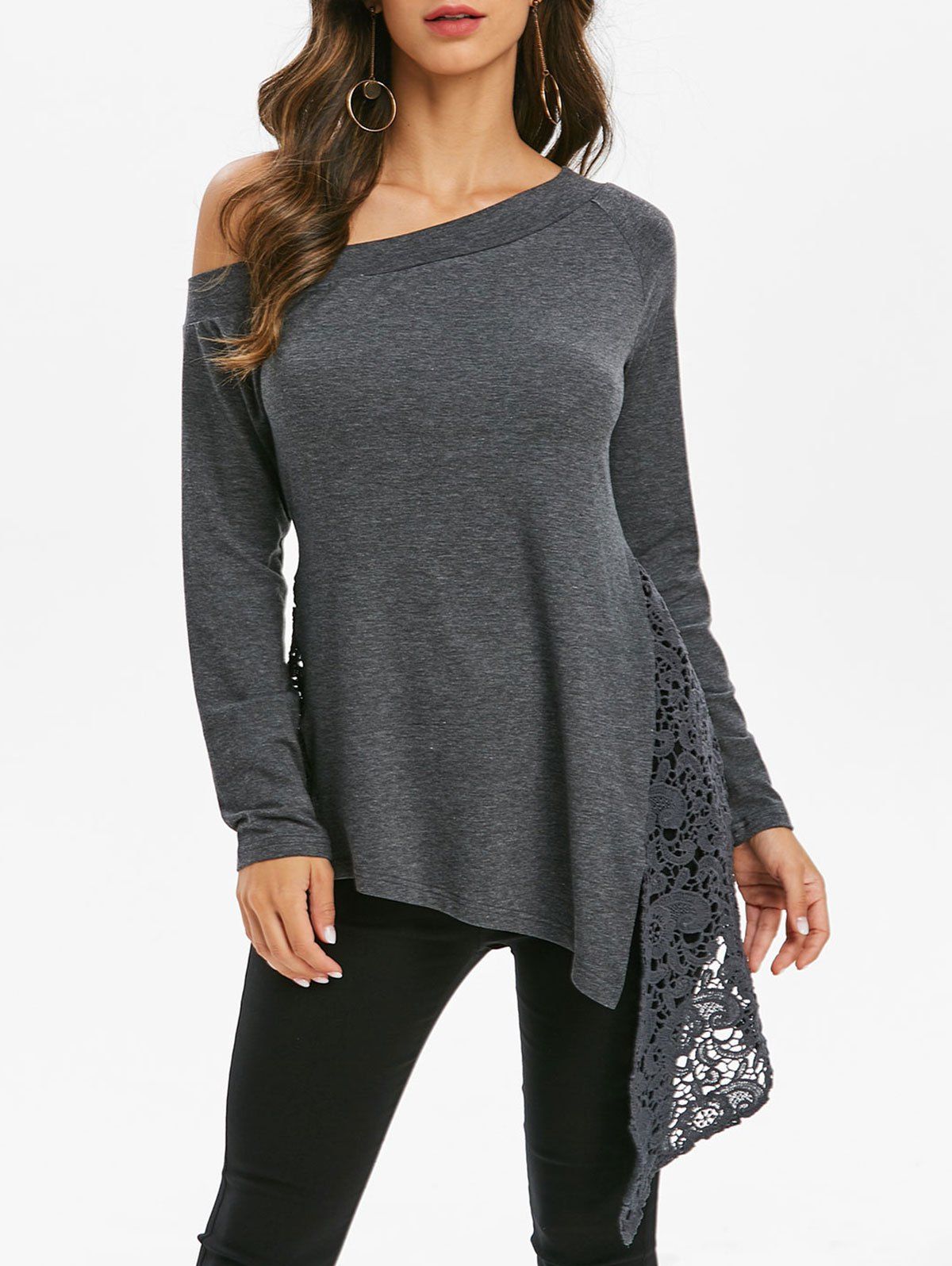 

Crochet Insert Long Sleeve Skew Neck T-shirt, Battleship gray