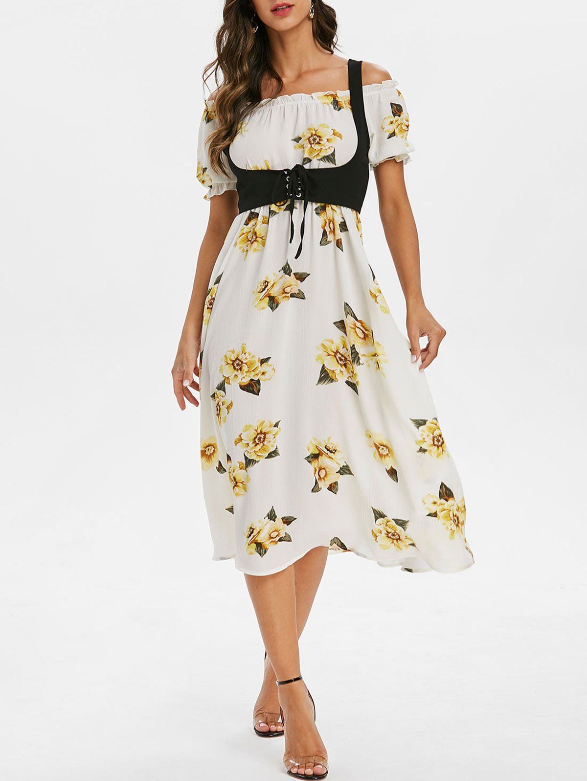 

High Waist Floral Print Dress with Lace Up Top, Warm white