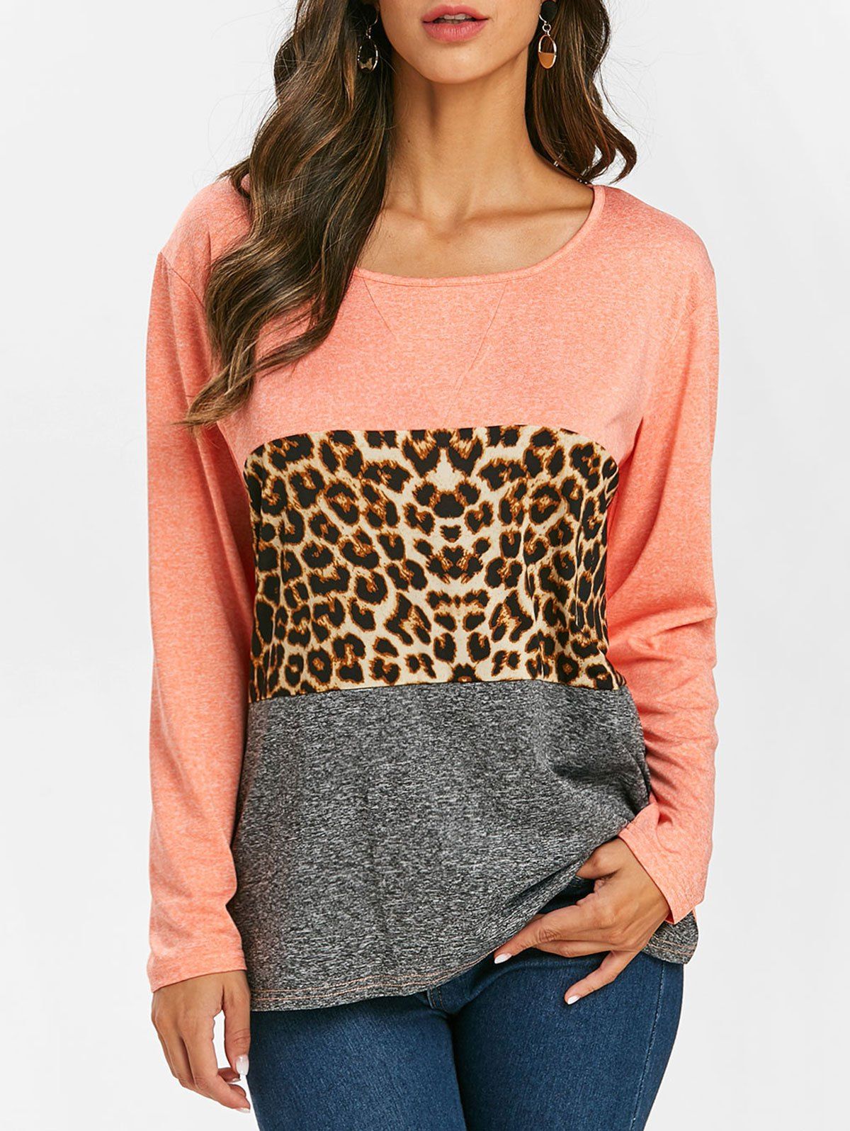 

Leopard Color Block Scoop Neck T-shirt, Living coral