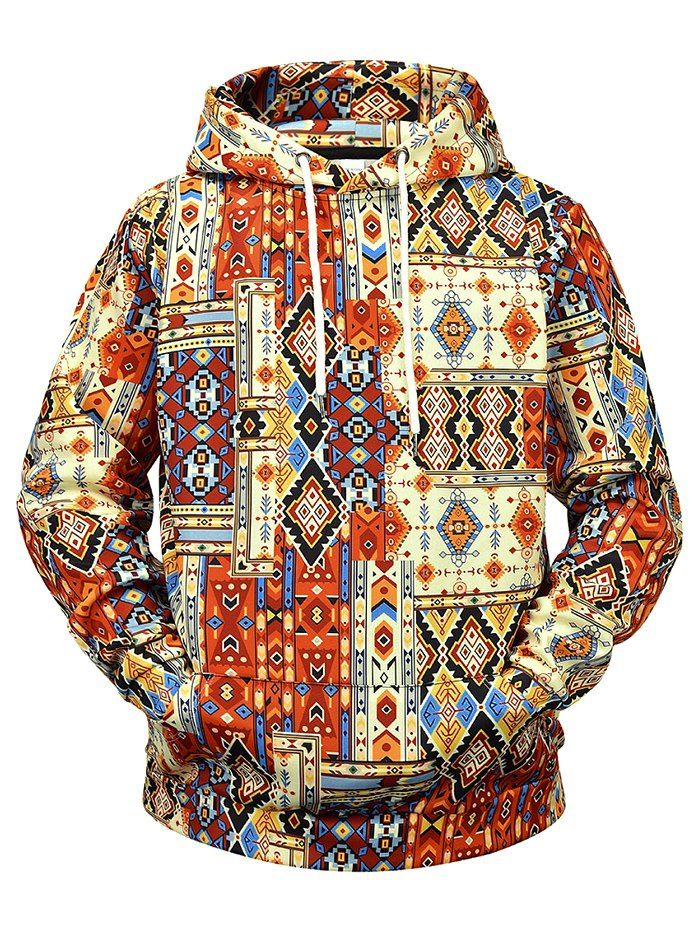

Kangaroo Pocket Allover Tribal Print Drawstring Hoodie, Orange pink