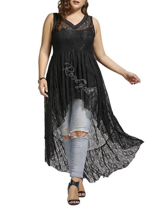 

Plus Size High Low V Neck Sleeveless Lace Blouse, Black