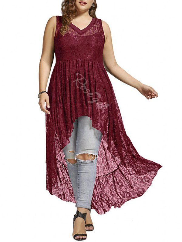 

Plus Size High Low V Neck Sleeveless Lace Blouse, Red wine