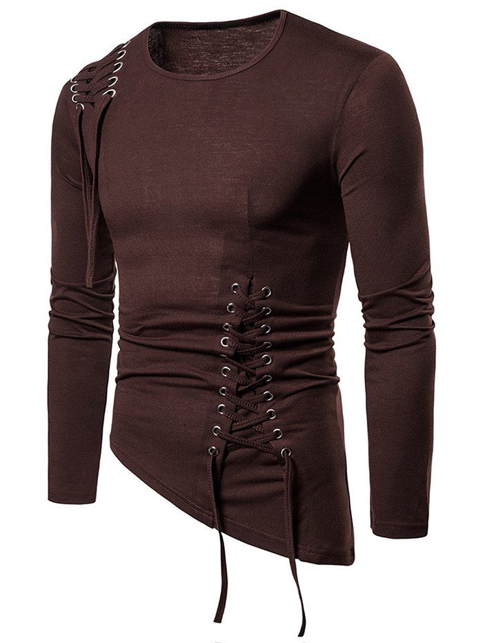 

Solid Color Lace-up Long Sleeves T-shirt, Coffee