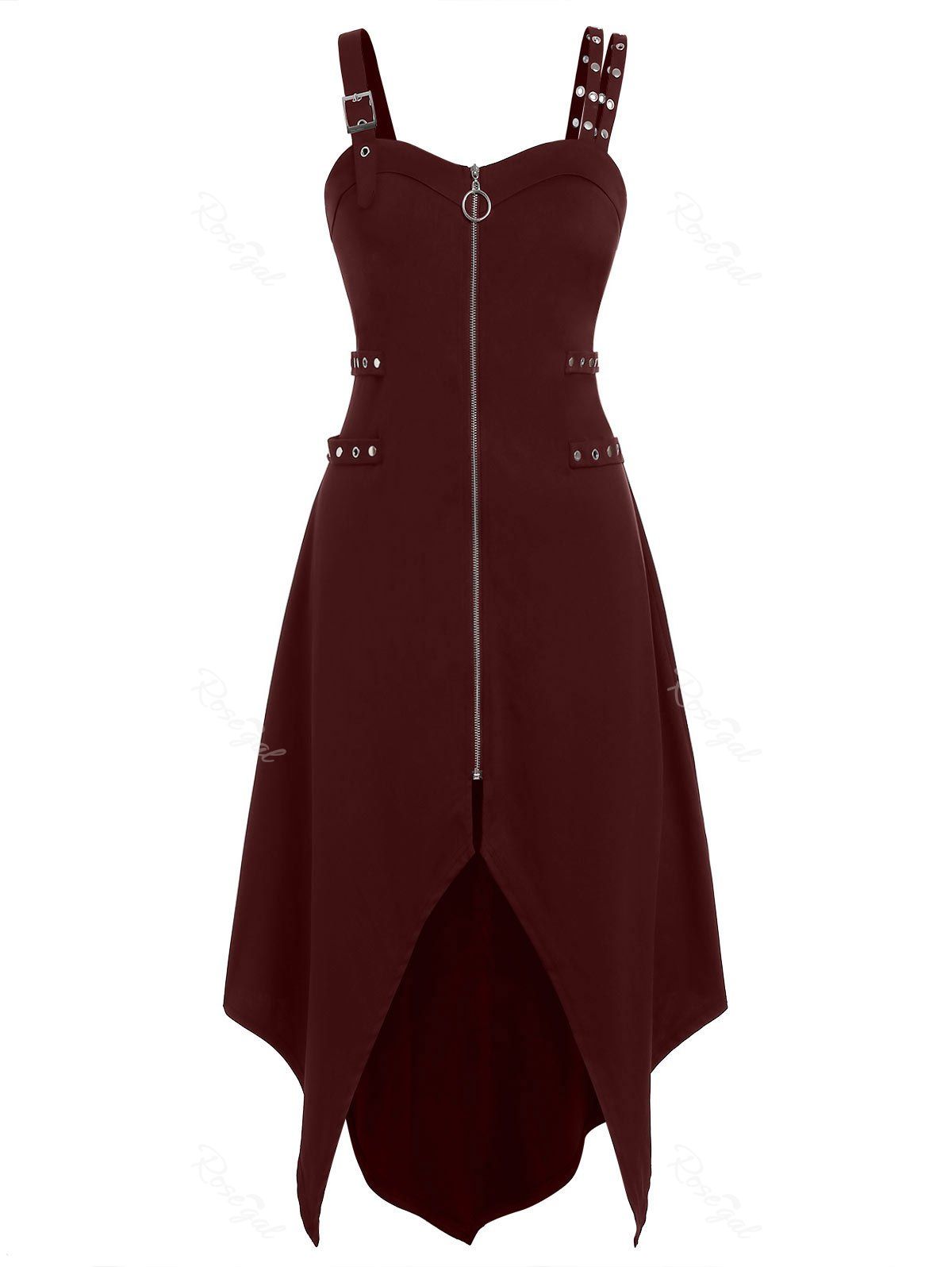 

Plus Size Zippered Asymmetric Slit Dress, Red wine