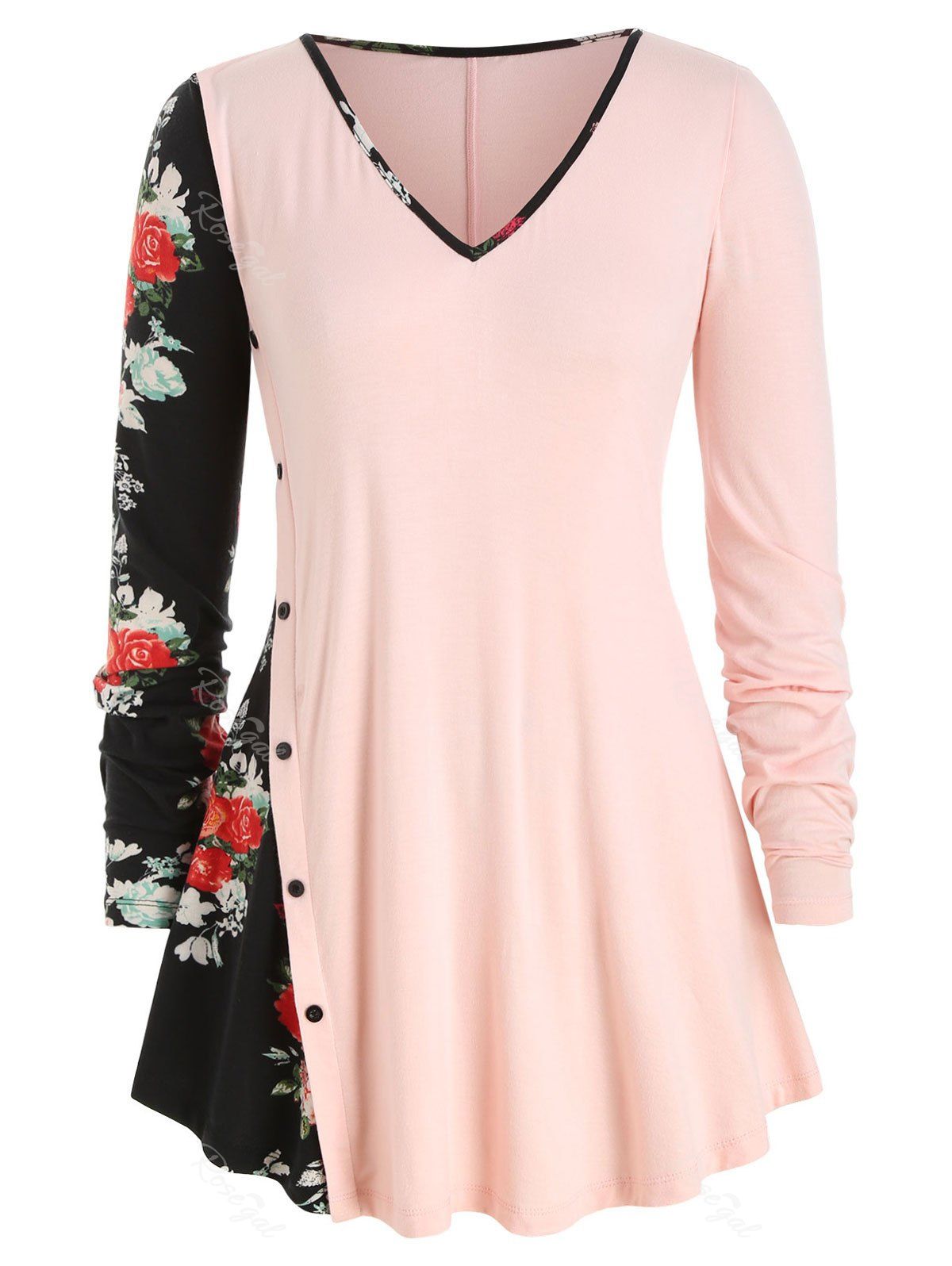 

Plus Size Mock Button Floral Panel Tunic Top, Pink