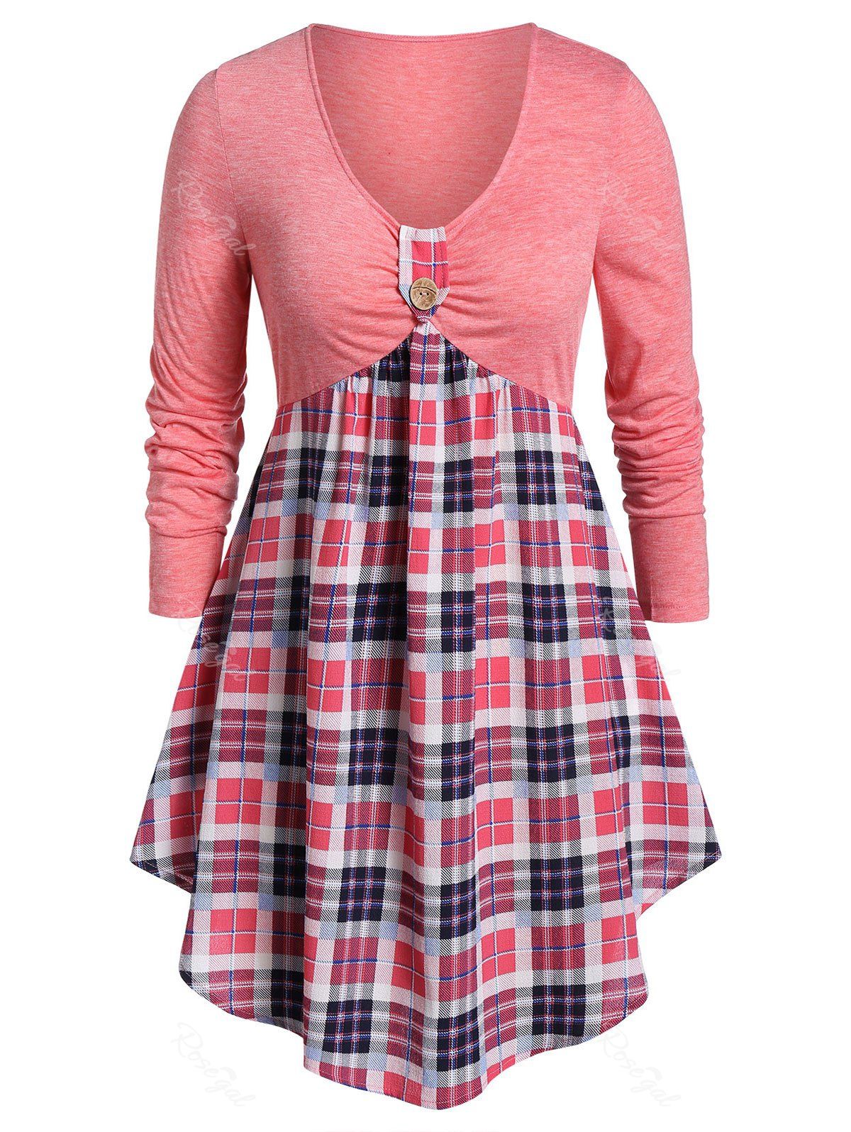 

Plus Size Plaid Empire Waist Tunic T-shirt, Pink