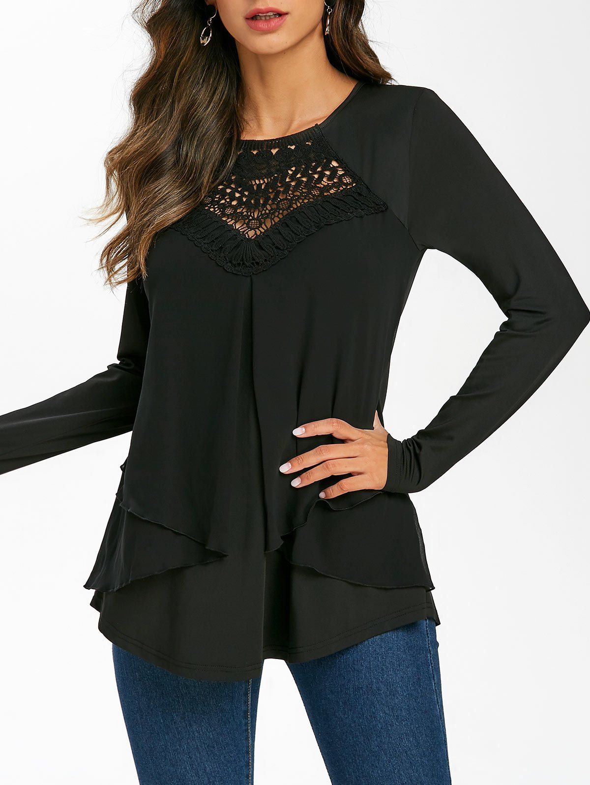 

Lace Crochet Chiffon Overlap T-shirt, Black
