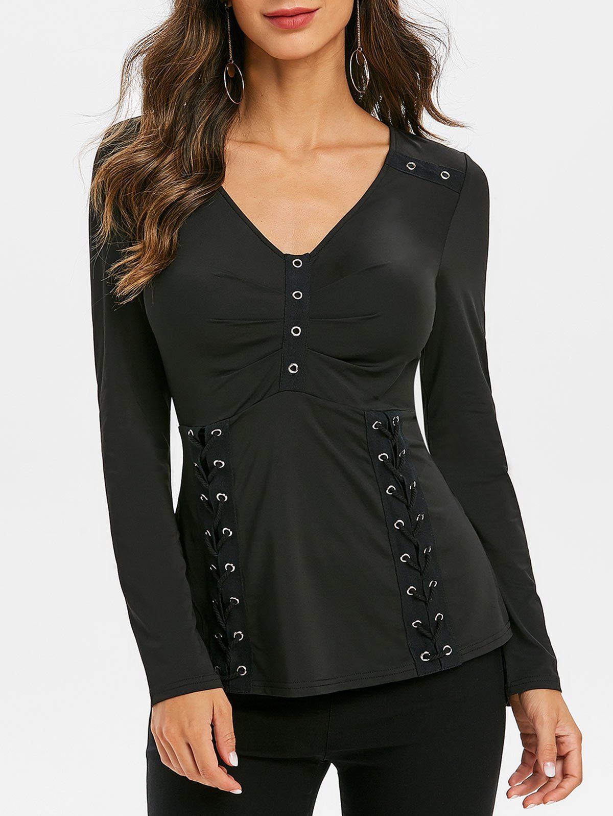 

Grommet Lace-up Long Sleeve Top, Black