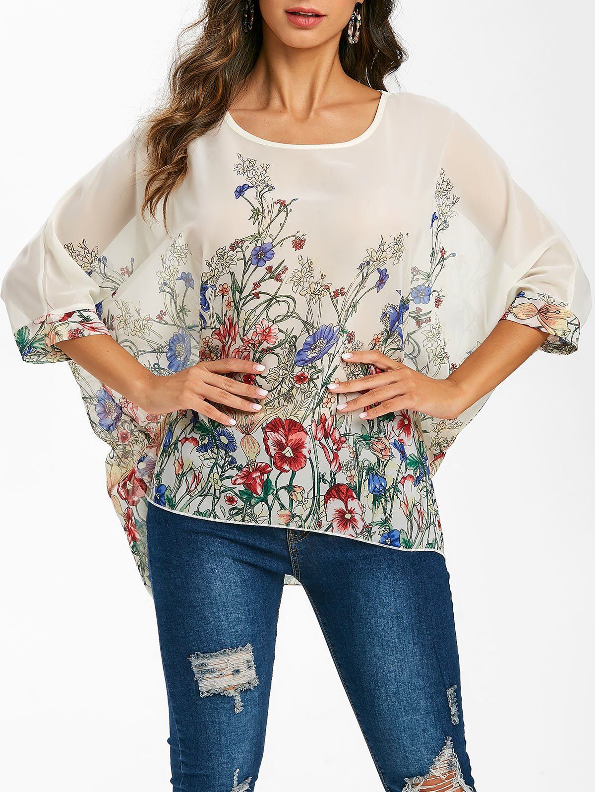 

Floral Print Dolman Sleeves Chiffon Blouse, Lemon chiffon