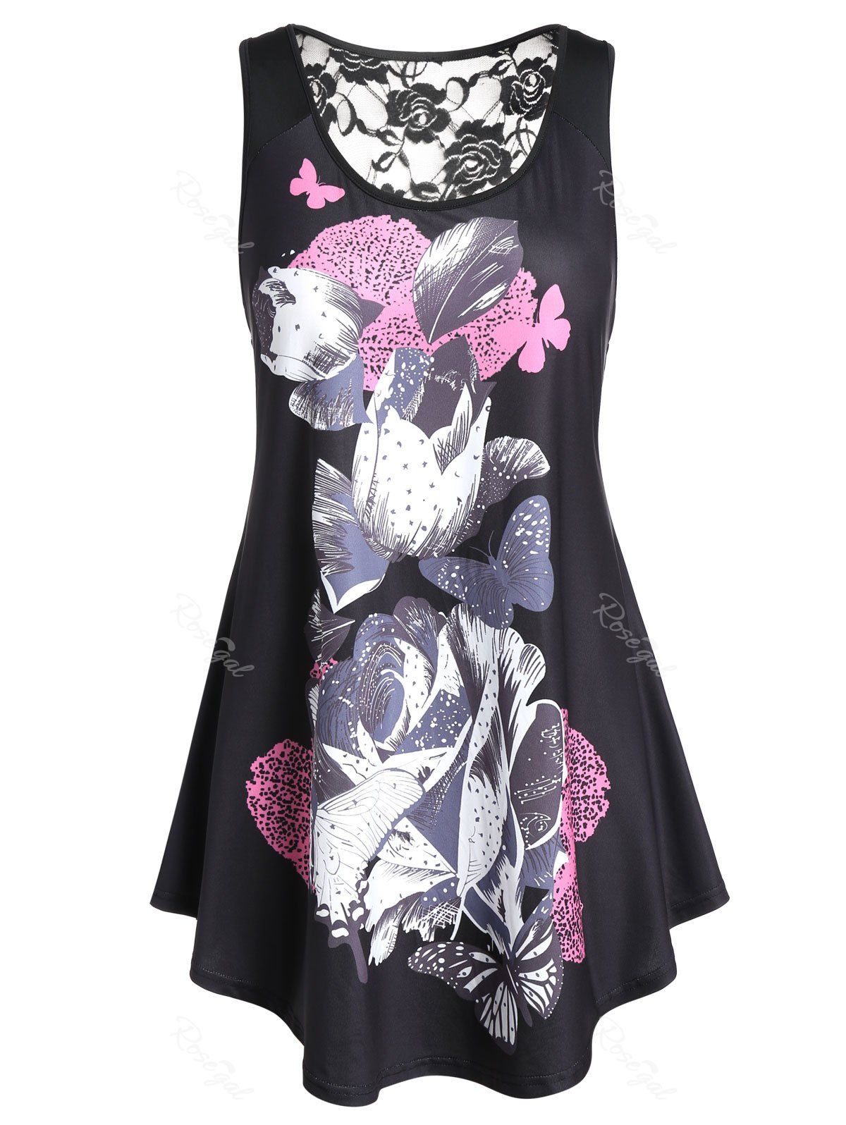 

Plus Size Lace Panel Floral Print Tunic Tank Top, Black