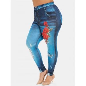 

Plus Size Flower Print High Waisted 3D Jeggings, Denim blue