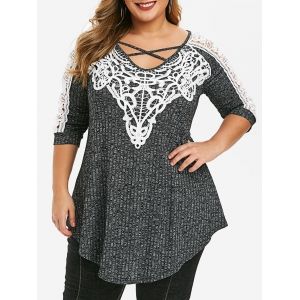 

Plus Size V Neck Lace Panel Tunic T Shirt, Dark slate grey