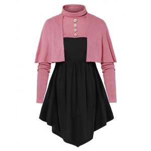 

Plus Size Button Crop Sweater with Tunic T Shirt, Blush red