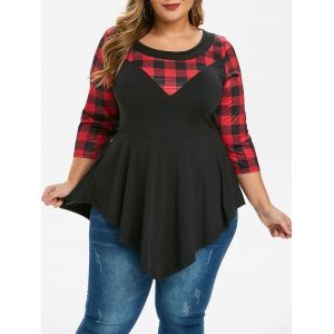 

Plus Size Plaid Asymmetrical Peplum Tee, Black