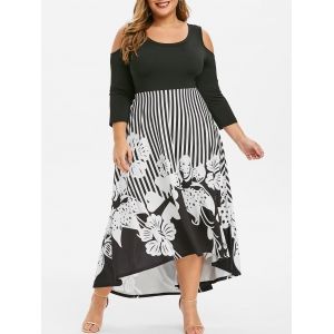 

Plus Size Striped Flower High Low Maxi Dress, Black