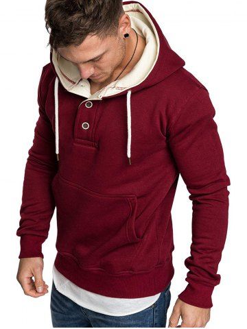 

Button Front Kangaroo Pocket Fleece Hoodie, Red wine