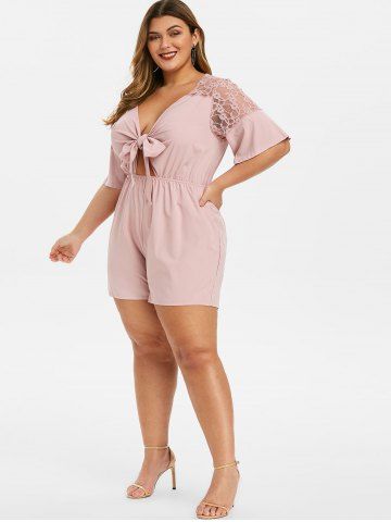 

Tie Front Cut Out Lace Panel Plus Size Romper, Rose