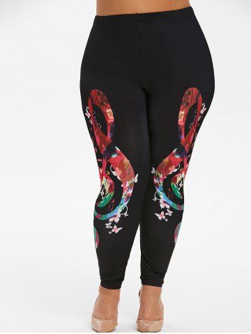 

Plus Size Musical Note Flower Print Skinny Leggings, Black