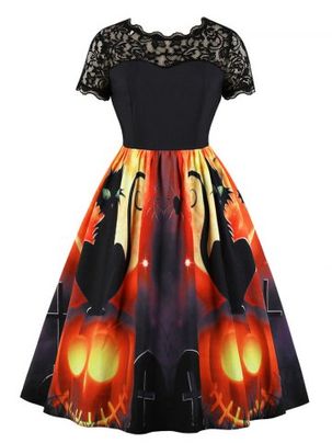 Lace Panel Pumpkin Print Round Neck Halloween Dress