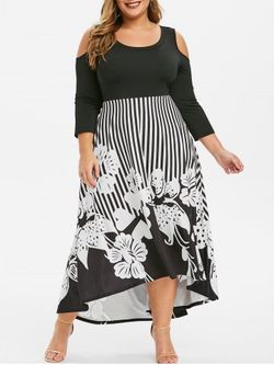 Plus Size Striped Flower High Low Maxi Dress - BLACK - L