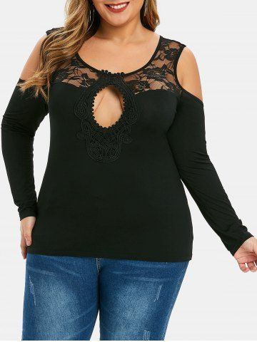 rosegal Plus Size Keyhole Lace Panel Open Shoulder T-shirt