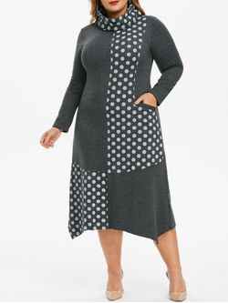 Plus Size Polka Dot Pocket Asymmetrical Dress with Ring Scarf - DARK GRAY - M