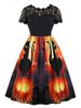 Lace Panel Pumpkin Print Round Neck Halloween Dress -  