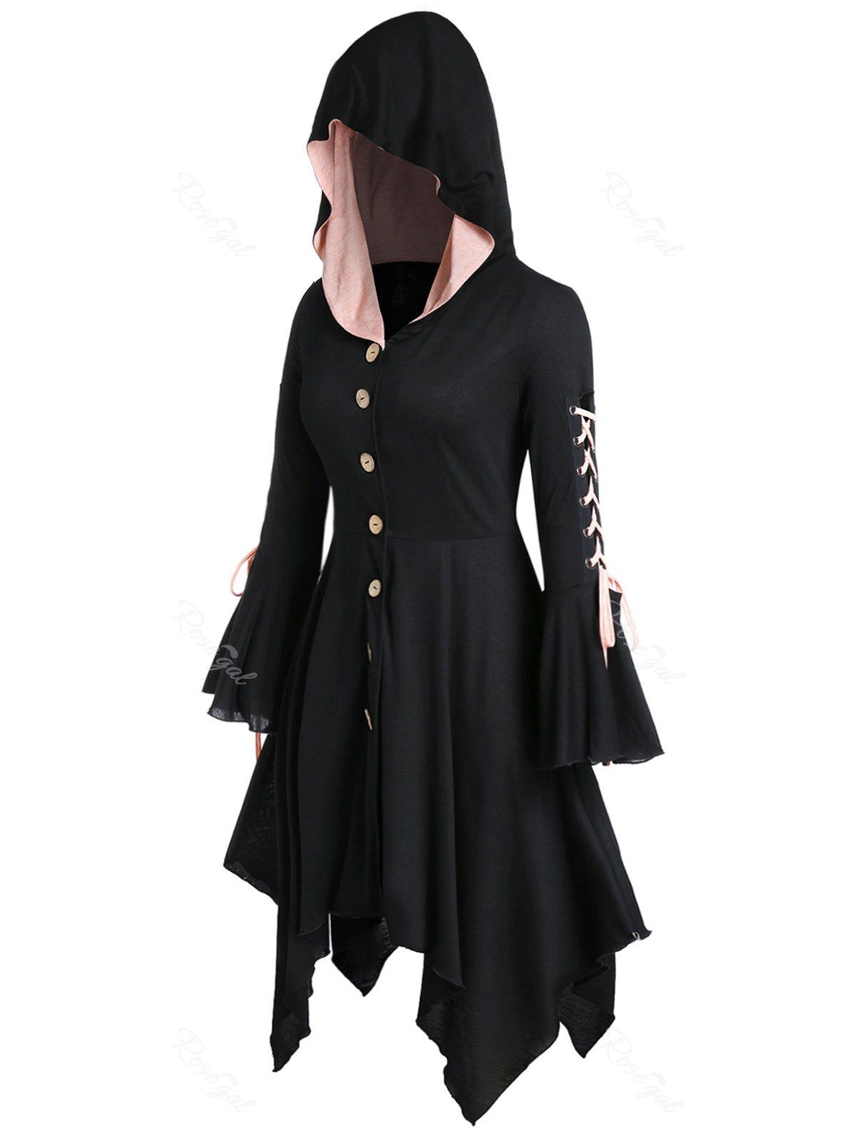 

Plus Size Hooded Lace Up Handkerchief Halloween Coat, Black
