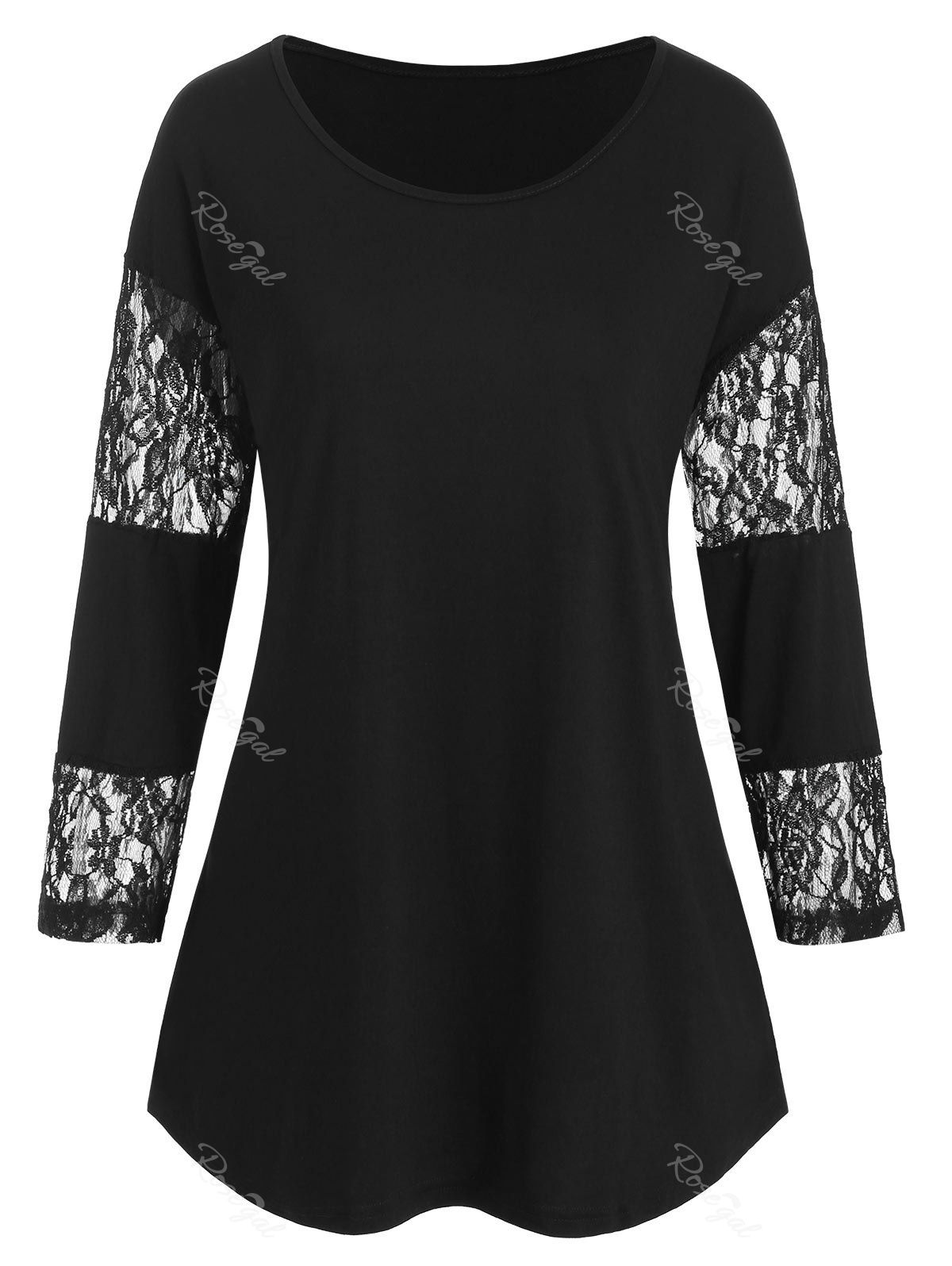 

Plus Size Lace Insert Drop Shoulder T-shirt, Black