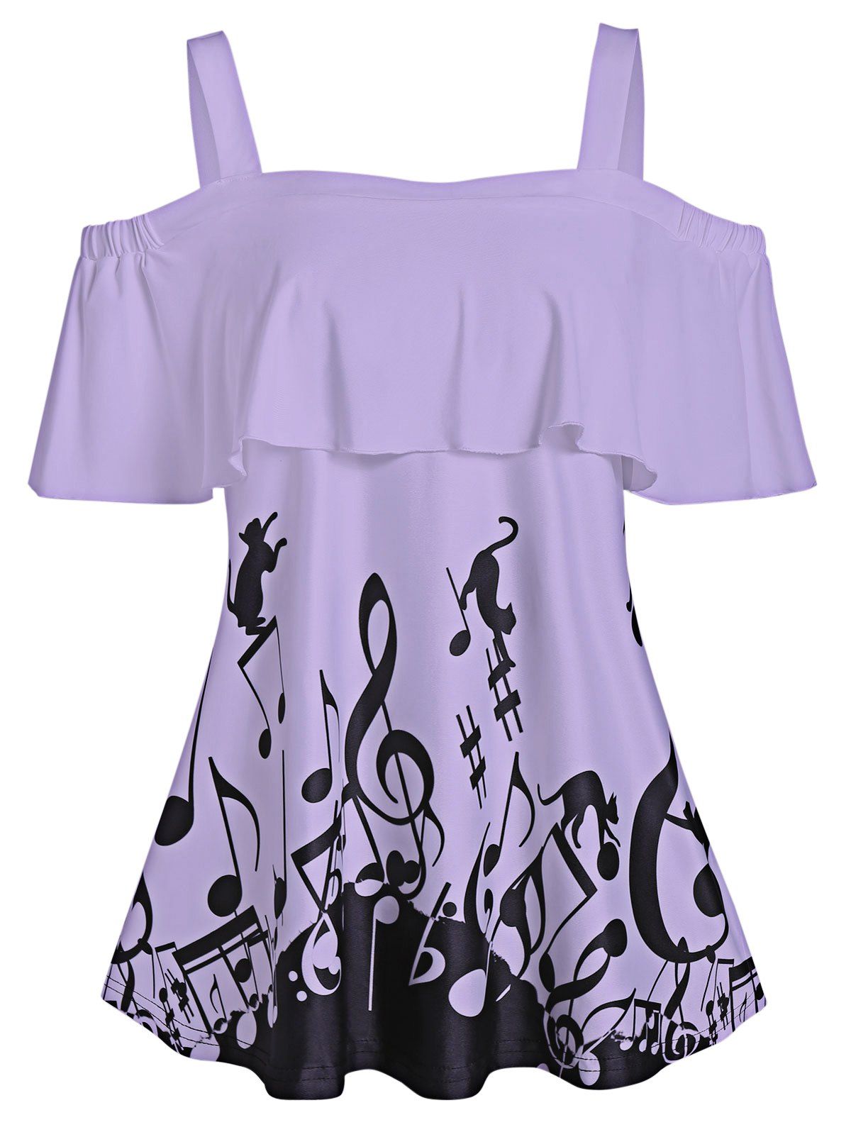 

Cold Shoulder Music Note Print Flounce T Shirt, Mauve