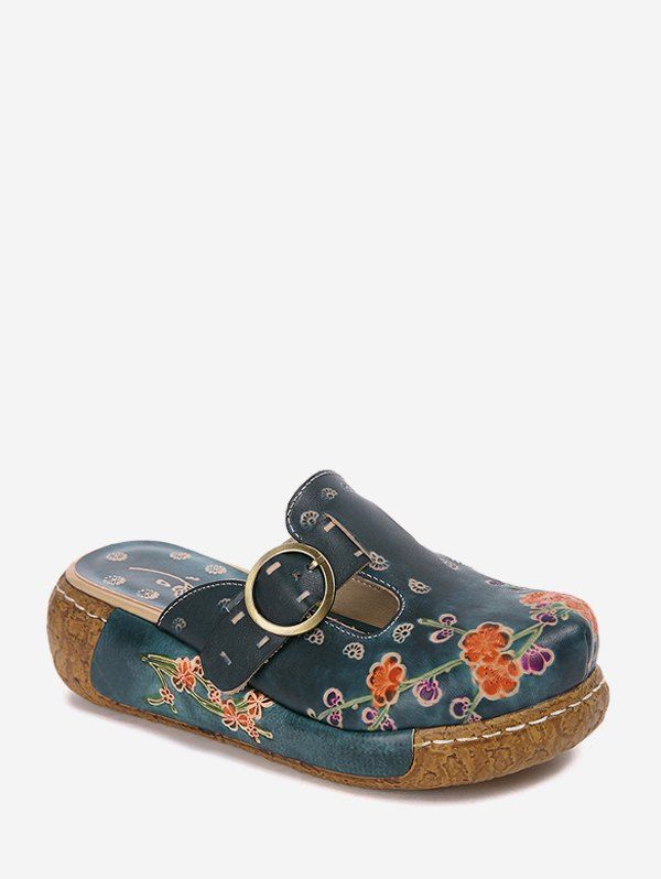

Ethnic Floral Print Buckled Platform Slides, Navy blue